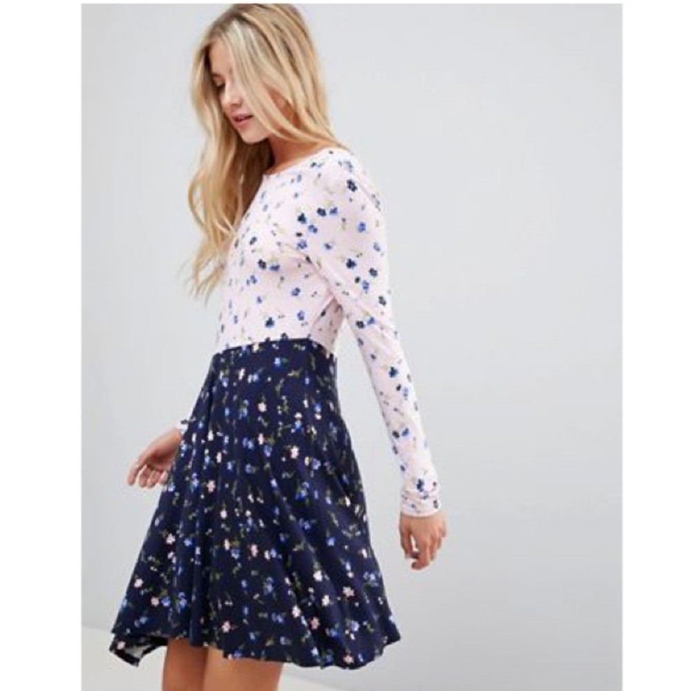 Pink/Blue Mixed prints floral A-line dress with V back